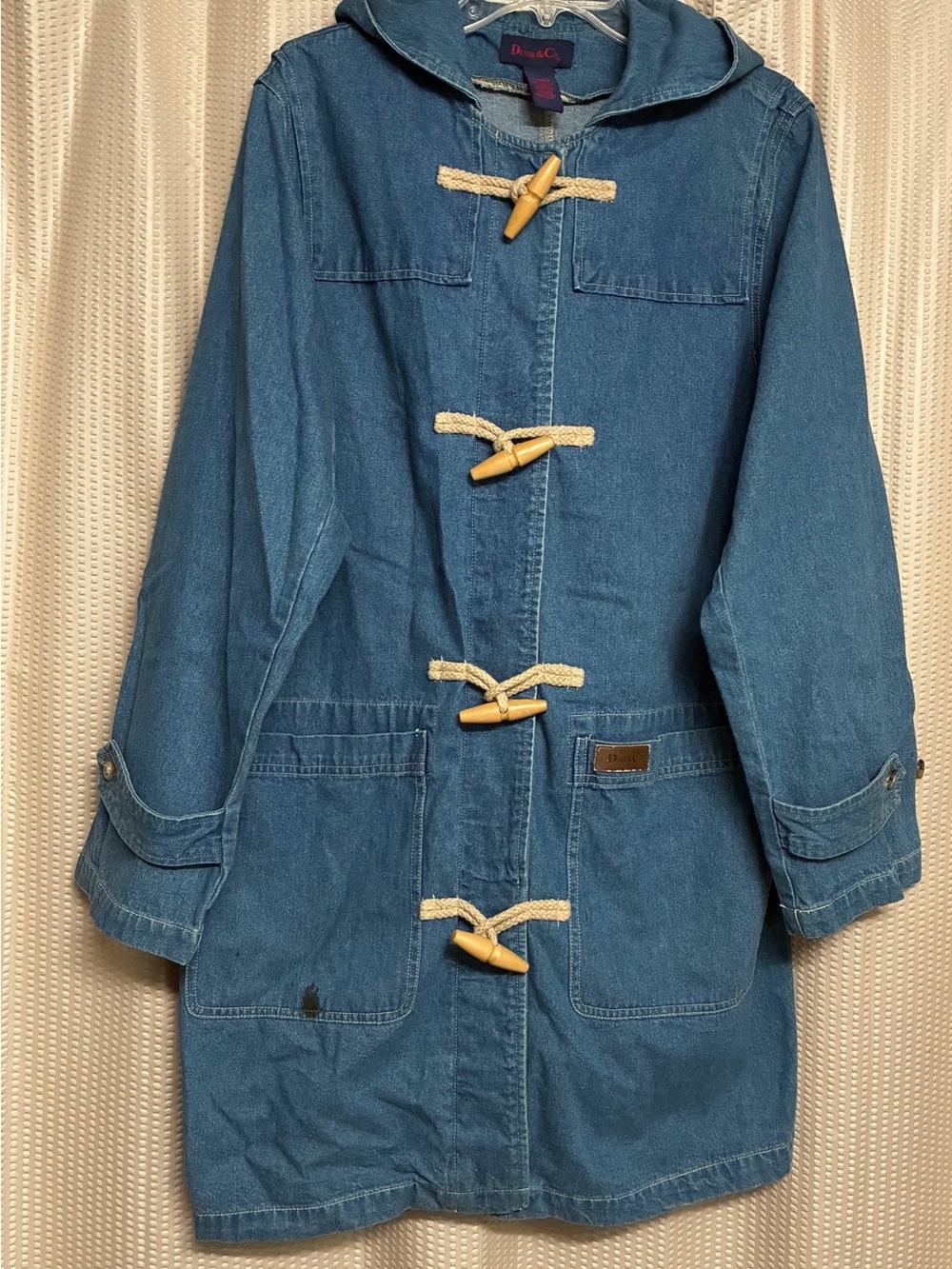 Vintage 90s Denim & Co Blue Denim Hooded Chore Coat Toggle Closure
